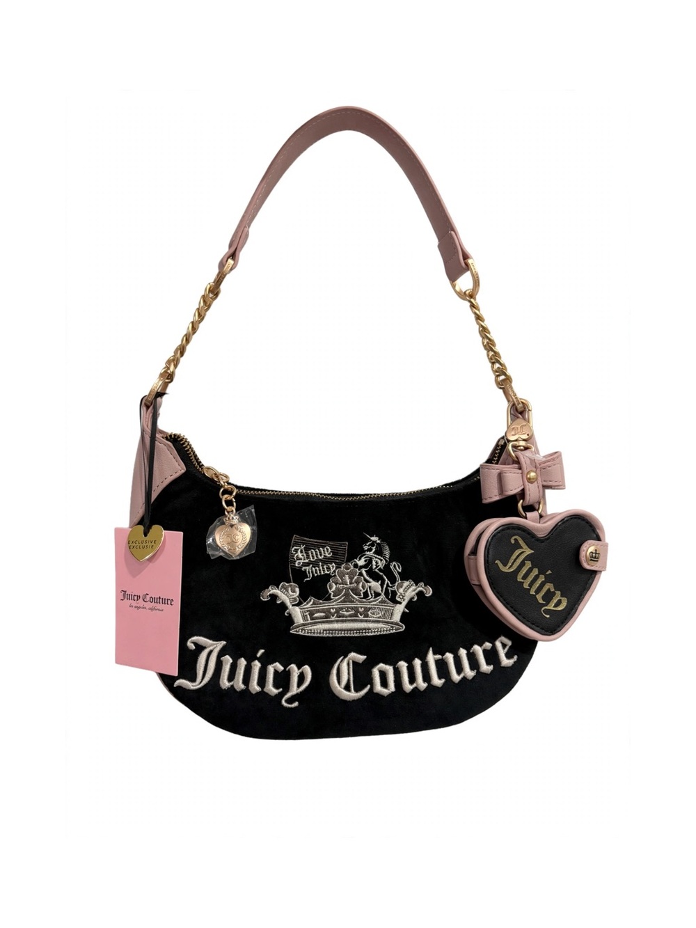 Juicy Couture Black Shoulder Bag with Pink Trim and Heart Charm
